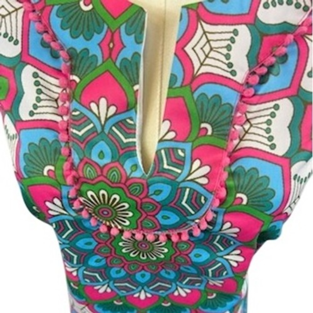 Jade Melody Scuba Tam Women's Dress Colorful Print Pom Pom Trim Size Small - Picture 3 of 7